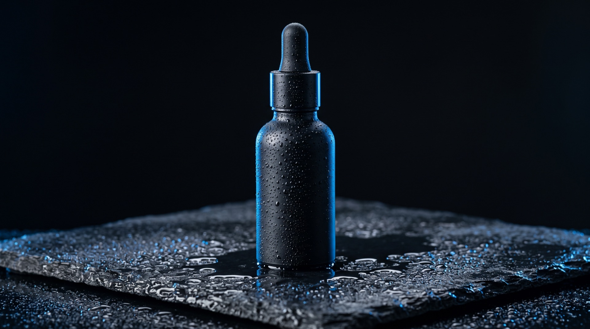 Matte black skincare bottle on wet slate with blue rim light