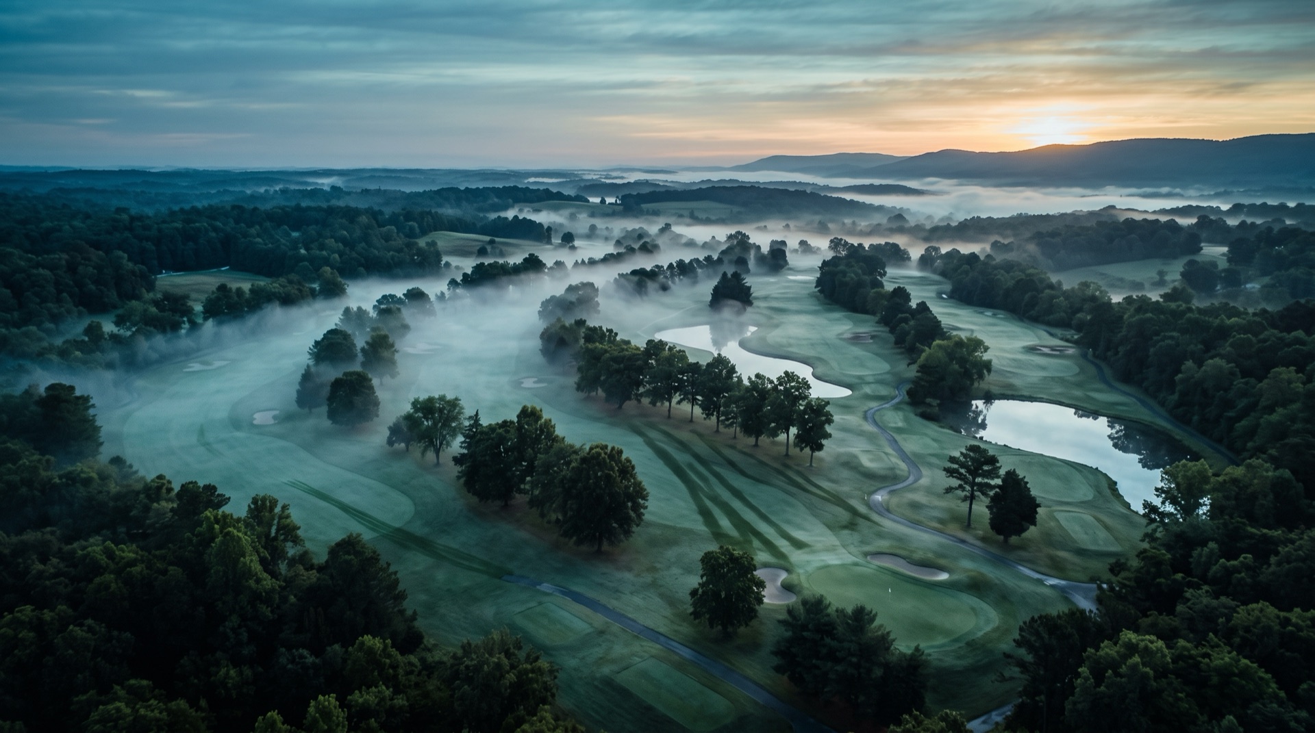 Aerial view of a golf course at dawn with fog on the fairways