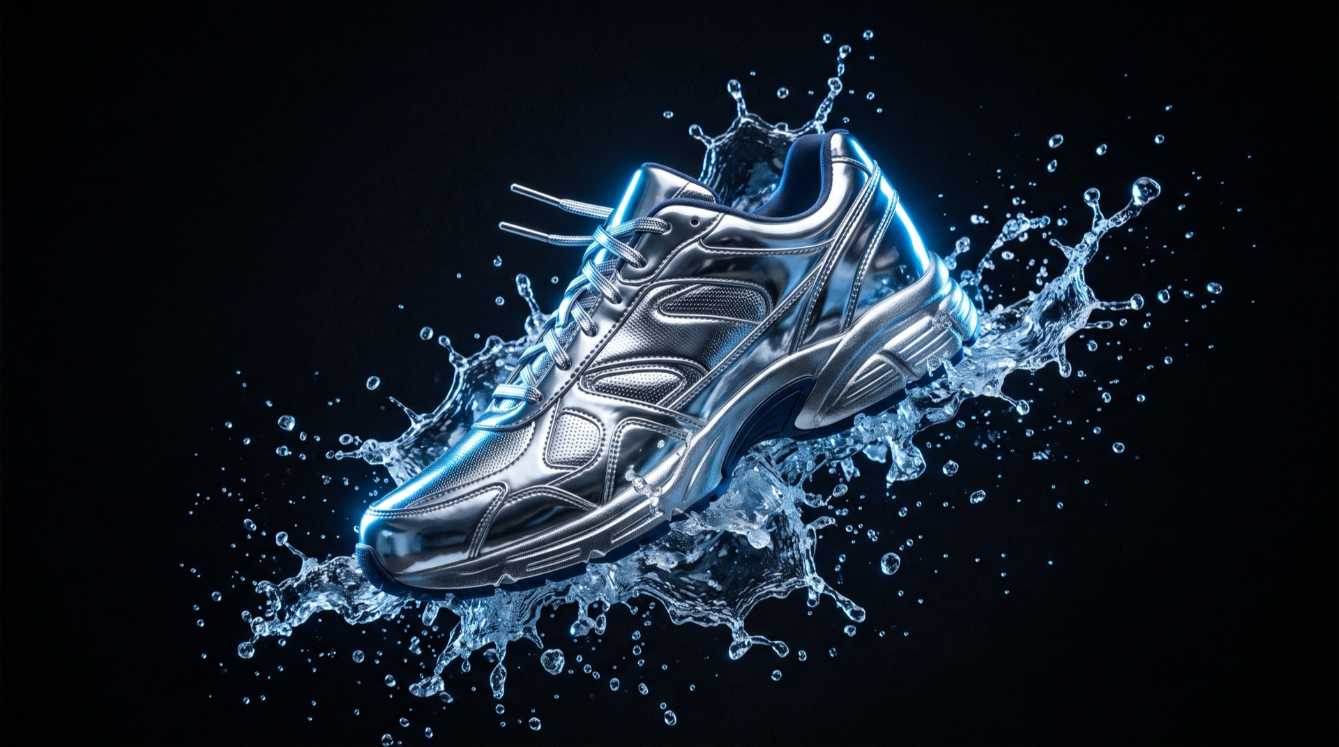 Chrome sneaker floating with a frozen water splash