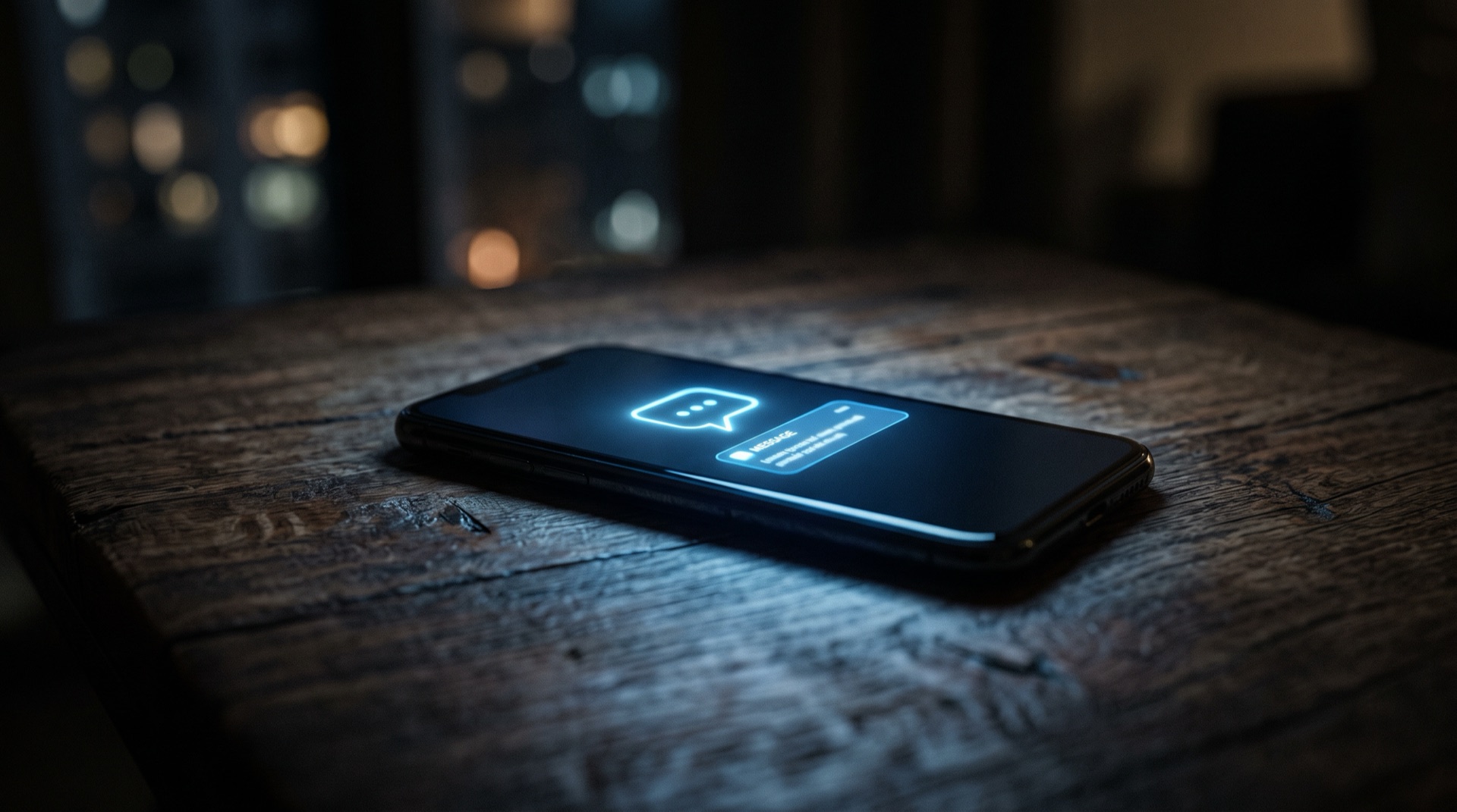 Phone on a desk at night showing a chat notification